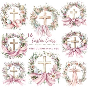 Op de afbeelding: Set van 16 digitale illustraties van paaskruisen met bloemkransen, roze linten en pastelkleurige eieren.  PNG - 300 DPI Transparant bestand. GRATIS COMMERCIËLE GEBRUIK.