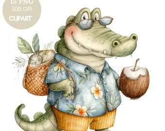 Watercolor Crocodile Clipart PNG Bundle, Holiday Theme, Printable Stickers Goodnotes  (Digital Download) 827