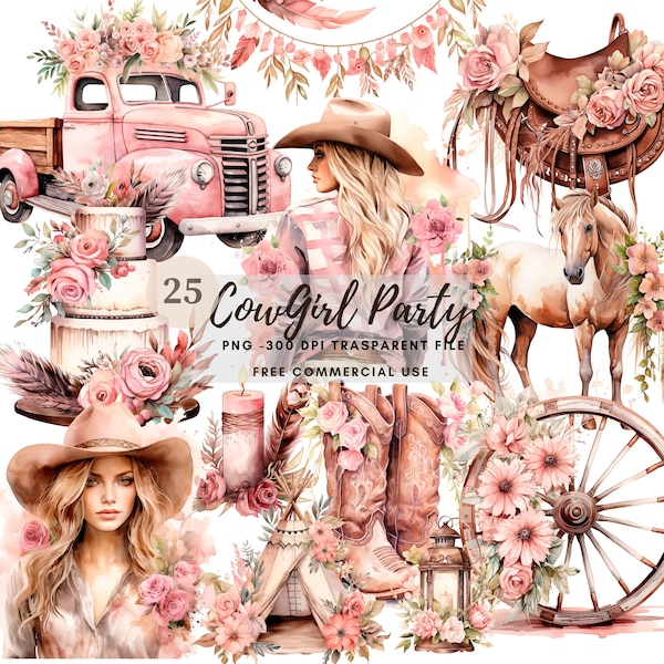 Watercolor Cowgirl Party Clipart PNG,Bundle 25 High Quality JPG,Digital Download,Card Making,Digital Paper Craft, Printable Stickers| 72