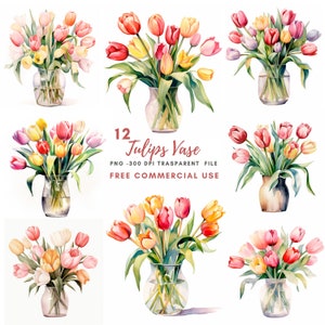 Tulips Flower Vase Clipart Bundle 12 High Quality PNG, Watercolor Floral Border, Digital Download,Card Making,Digital Paper Craft| 342