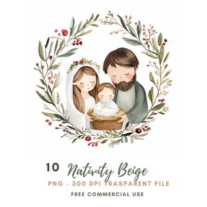 Kerststal clipartbundel 10 hoge kwaliteit png, aquarel kerststal heilige familie, Jezus Christus, Maria en Jozef, afdrukbare stickers Goodnotes | 618