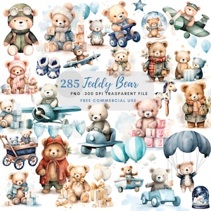 Teddy Bear Baby Shower Clipart PNG,285 High Quality JPGs,Aviator Teddy Bear, Watercolor Baby Party, Card Making, Digital Paper Craft|169