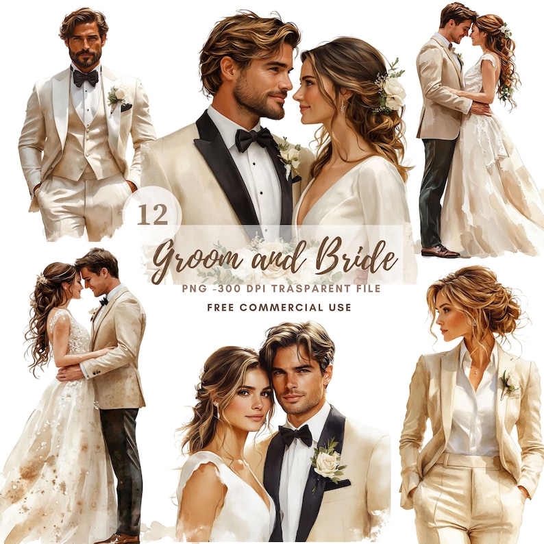 Watercolor Wedding Groom and Bride 12 Clipart PNG| Beige Bride and ...