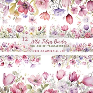 Tulips Flower Border Clipart Bundle 12 High Quality PNG, Watercolor Floral Garland, Digital Download,Card Making,Digital Paper Craft| 468