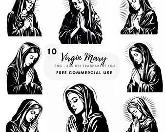 Puede incluir: Un conjunto de 10 ilustraciones digitales en blanco y negro de la Virgen María rezando. Las ilustraciones son de estilo vintage y son perfectas para usar en arte religioso, manualidades y proyectos de diseño.  10 Virgen María PNG - 300 DPI Archivo transparente USO COMERCIAL GRATUITO