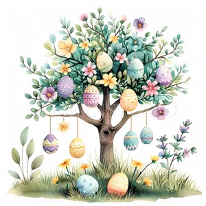 Paquete PNG de imágenes prediseñadas de árbol de Pascua 13 de alta calidad, huevo de Pascua de acuarela, descarga digital, fabricación de tarjetas, medios mixtos, artesanía de papel digital / 260