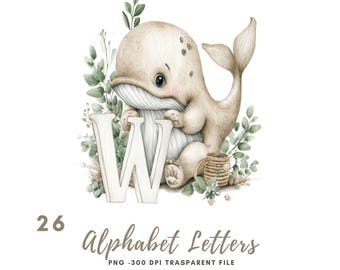 May include: A watercolour illustration of a beige whale holding a white letter "W". The whale is surrounded by green foliage and a small woven basket. The image includes the text "26 Alphabet Letters" and other text.