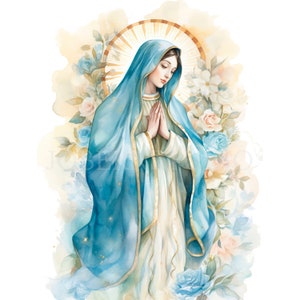 Clipart Vergine Maria, bundle 10 PNG di alta qualità, acquerello vintage Santa Maria, download digitale, creazione di cartoline, supporti misti, creazione di carta digitale/170