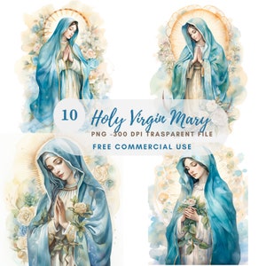 Clipart Vergine Maria, bundle 10 PNG di alta qualità, acquerello vintage Santa Maria, download digitale, creazione di cartoline, supporti misti, creazione di carta digitale/170