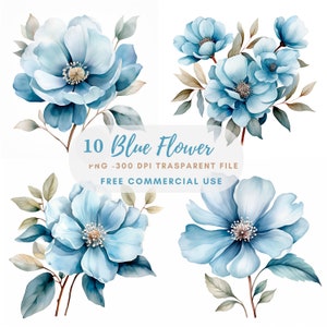 Blauwe bloem clipart bundel 10 hoge kwaliteit PNG, aquarel bloemen, digitale download, afdrukbare stickers, kaart maken, digitaal papier ambacht | 228