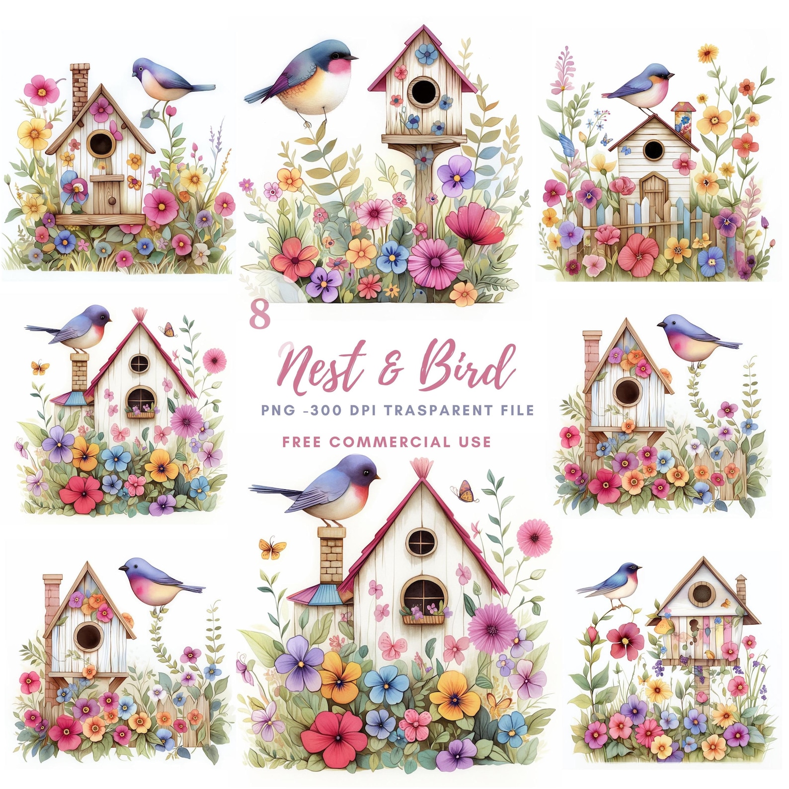 Bird Nest Clipart PNG Bundle 8 High Quality | Watercolor Floral Nest ...
