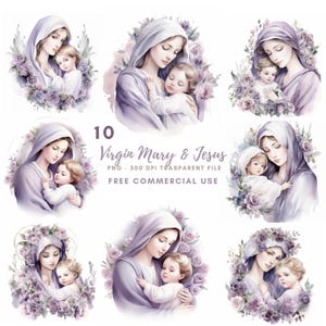 Vergine Maria Clipart, Pacchetto 10 PNG di alta qualità, Acquerello lilla Santa Maria, Adesivi stampabili Goodnotes, Download digitale, Carta digitale /631