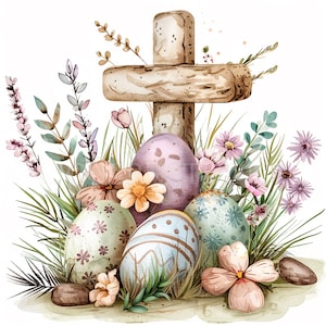 Easter Cross Clipart PNG Bundle 12 Alta calidad, Acuarela de huevo de cruz de Pascua, Descarga digital, Fabricación de tarjetas, Medios mixtos, Artesanía de papel digital/236