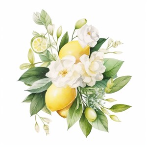 Lemon Rose Branch Garland Clipart Bundel 10 Hoge kwaliteit, Aquarel Bloemenrand, Digitale Download, Kaarten maken, Digitale papierkunst | 197
