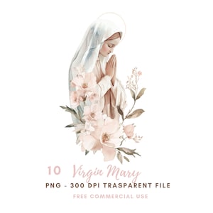 Pacchetto di 11 clipart di Vergine Maria e fiori PNG di alta qualità/Acquerello neutro Santa Maria/Adesivi stampabili Goodnotes/Download digitale/772