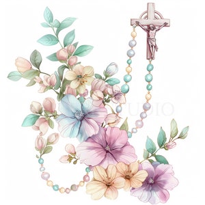 Pacchetto di clipart rosario fiore 20 PNG di alta qualità, acquerello croce, adesivo, download digitale, creazione di cartoline, supporti misti, artigianato in carta digitale/ 242