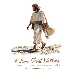 May include: A digital painting of Jesus Christ walking on a rocky path. He is wearing a white robe and sandals, and his hair is long and brown. The background is a light blue sky.