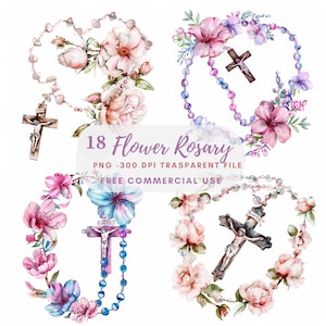 Pacchetto di clipart rosario di fiori 18 PNG di alta qualità, croce acquerello, adesivo, download digitale, creazione di carte, supporti misti, artigianato in carta digitale/ 237