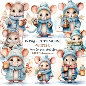 Blu Winter Mouse Clipart PNG, Bundel 15 Hoge kwaliteit JPG, Digitale download, Kaart maken, Mixed Media, Digitale papierkunst | 31