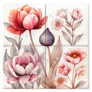 May include: A vintage-style tile design featuring a floral motif with pink and red flowers, green leaves, and a purple fig. The background is white with a subtle distressed texture.