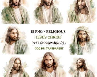 May include: A digital collage of 15 watercolor illustrations of Jesus Christ. The images are in a variety of poses and expressions, and all feature a soft, ethereal style. The text "15 PNG - RELIGIOUS JESUS CHRIST Free Commercial Use 300 DPI TRASPPARENT" is displayed in the center of the collage.