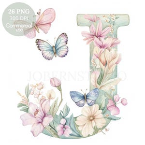Paquete de 26 imágenes prediseñadas de letras del alfabeto floral PNG de alta calidad, mariposas con letras de acuarela, pegatinas imprimibles Goodnotes, descarga digital/ 632