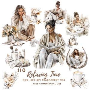 Acquerello Relaxing Time Woman Clipart PNG, Pacchetto 110 Alta Qualità/Beige Beautiful Girl, Adesivi Stampabili Goodnotes, Download Digitale /820