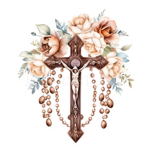 Pacchetto di clipart rosario fiore 15 PNG di alta qualità, acquerello croce, download digitale, creazione di cartoline, supporti misti, artigianato in carta digitale/ 71