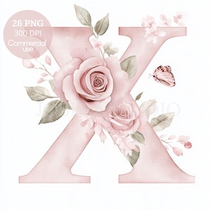 Paquete de 26 imágenes prediseñadas de letras del alfabeto floral de alta calidad PNG, letras de acuarela rosa, pegatinas imprimibles Goodnotes, descarga digital/ 663