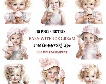 Aquarell Retro Baby Eis Clipart PNG, Bundle 15 hohe Qualität, digitaler Download, Kartenherstellung, digitales Papierhandwerk, druckbare Aufkleber 117