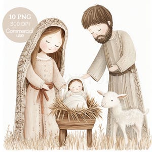 Kerststal clipartbundel 10 hoge kwaliteit png, aquarel kerststal heilige familie, Jezus Christus, Maria en Jozef, afdrukbare stickers Goodnotes | 644