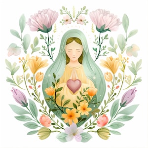 Clipart onberispelijk heilig hart, bundel 15 hoge kwaliteit, Heilige Maria-aquarel, digitale download, kaarten maken, mixed media, digitale papierkunst | 248