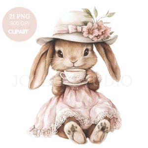 Bunny con tazza Clipart PNG Bundle 21 Alta qualità, acquerello coniglio tazza tè / Download digitale / Adesivi stampabili Goodnotes / 766