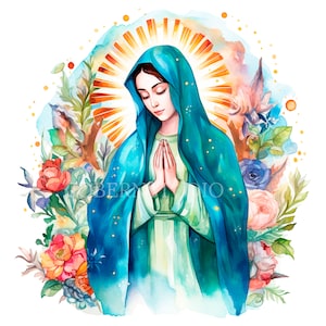 Nostra Signora di Guadalupe, Acquerello Clipart PNG,15 JPG di alta qualità,Download digitale,Creazione di cartoline, Supporti misti, Mestiere con carta digitale/ 10
