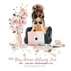 Acquerello Boss Woman Clipart PNG, Pacchetto 30 Alta Qualità/ Ragazza Rosa Tempo Rilassante, Adesivi Stampabili Goodnotes, Download Digitale / 656
