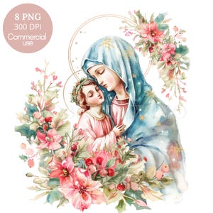 Clipart della Vergine Maria, Pacchetto 8 PNG di alta qualità, Acquerello Natale Maria e Gesù, Adesivi stampabili Goodnotes, Download digitale/ 470