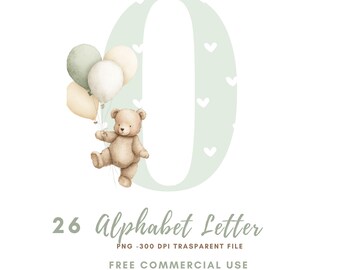 May include: A watercolour illustration of the letter "O" in a pale green, decorated with white hearts. A teddy bear holds balloons in shades of green and cream. The text "26 Alphabet Letter" is below the letter.