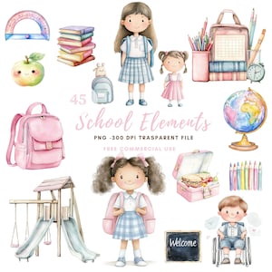Ensemble de 45 cliparts d'éléments scolaires PNG de haute qualité, aquarelle fille et garçon vont à l'école | Téléchargement numérique, autocollants Goodnotes imprimables | 814
