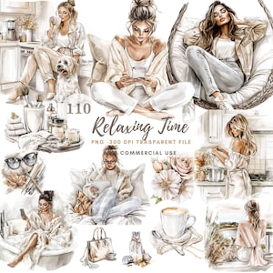 Watercolor Relaxing Time Woman Clipart PNG,Bundle 110 High Quality|Beige Beautiful Girl,Printable Stickers Goodnotes, Digital Download |820