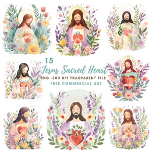 Jésus-Christ Clipart Bundle 15 PNG haute qualité, Sacré-Cœur Jésus, téléchargement numérique, fabrication de cartes, techniques mixtes, création numérique en papier | 264