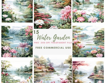 Jardin d'eau Clipart JPG, lot de 15 haute qualité, fleurs de jardin paysager, téléchargement numérique, fabrication de cartes, techniques mixtes, créations numériques en papier | 320