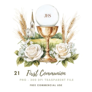 Première communion Clipart PNG, lot de 21 haute qualité, aquarelle eucharistie et calice, autocollants imprimables Goodnotes, téléchargement numérique | 713