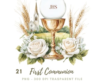 First Communion Clipart PNG,Bundle 21 High Quality, Watercolor Eucharist and Chalice,Printable Stickers Goodnotes, Digital Download| 713