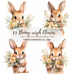 Bunny with Flower Clipart PNG Bundle 11 High Quality, Watercolor Rabbit,Digital Download,Card Making,Mixed Media,Digital Paper Craft|268
