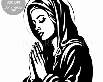 Puede incluir: Ilustración en blanco y negro de una mujer con una túnica con capucha y las manos juntas en oración.