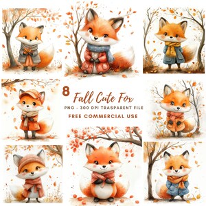 Clipart renard aquarelle, lot de 8 PNG haute qualité, automne automne renard, renard hiver, autocollants imprimables Goodnotes, téléchargement numérique | 557