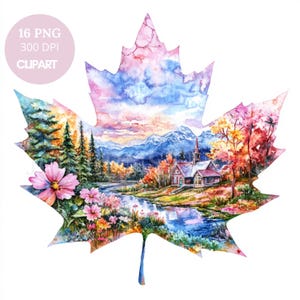 16 cliparts de paysage de montagne PNG, lot de 16 haute qualité | Forme aquarelle de feuilles de montagne | Stickers imprimables Goodnotes | Téléchargement numérique| 784