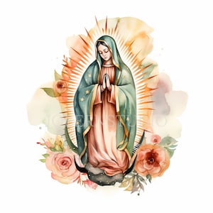 Clipart Nostra Signora di Guadalupe, bundle 15 PNG di alta qualità, clipart acquerello, download digitale, creazione di cartoline, supporti misti, artigianato in carta digitale/9