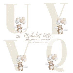 Puede incluir: Letras del alfabeto U, Y, V y Q, cada una con un osito de peluche sosteniendo globos. Las letras son de color beige claro con pequeños patrones de corazones. Los ositos de peluche sostienen globos beige y blancos. También está presente el texto "Alphabet Letter".