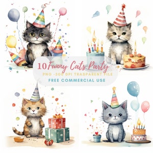 Crazy Cat Party Clipart PNG Bundle 10 JPG di alta qualità, gattini divertenti, download digitale, creazione di carte, supporti misti, artigianato in carta digitale/ 124